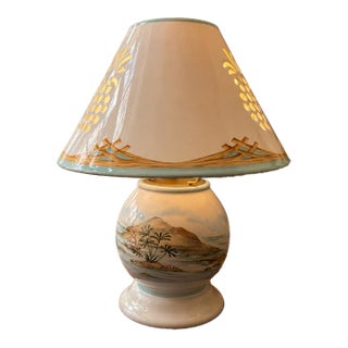 Vintage Lenox British Colonial Scenic Candle Lamp Featuring a Pierced Pineapple Shade and a Hand-Painted Tropical Coastal Scene on the Base For Sale
