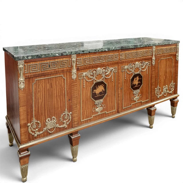 Dark Green Pair of French Antique Satinwood Marble Top Servers, Sideboard. For Sale - Image 8 of 14