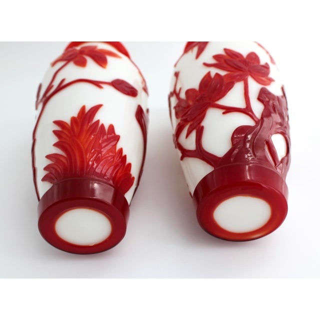 Antique Pair of Chinese Peking Glass Vases W/ Birds & Lotus Flowers, C1900, 10” For Sale - Image 13 of 14