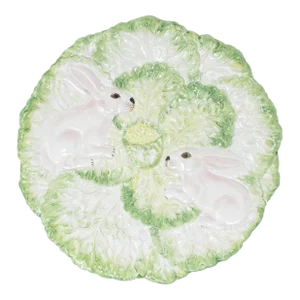 Vintage Large Italian Ceramic Platter With Hand-Painted Rabbits and Lettuce Cabbage Leaves