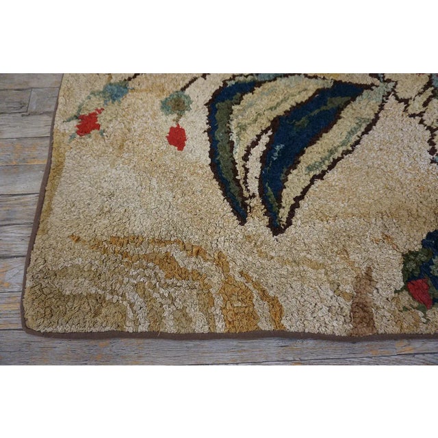 Textile 1880s Beige Roses Folk Art Antique American Hooked Rug 2'6" X6'2" Knotted Pile Wool Carpet For Sale - Image 7 of 11