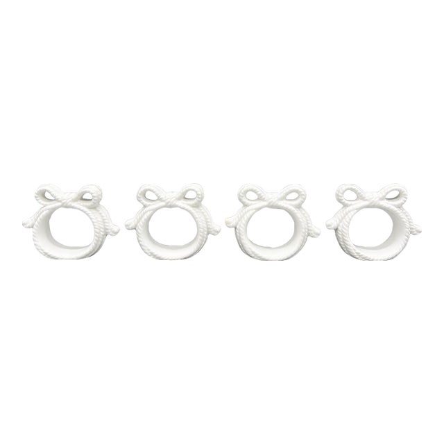 Vintage White Ceramic Bow Napkin Rings — Coastal / Traditional / Hollywood Regency - Set of 4 For Sale