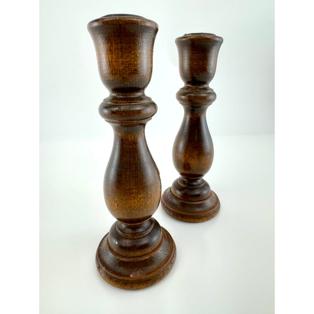 English Vintage Mid Century Turned Walnut Wood Candlesticks - A Pair For Sale - Image 3 of 9