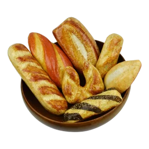 Mid 20th Century Handmade Hand Painted Assorted Paper Mache Faux Breads Props in Hand Wood Turned Bowl - 8 Pieces