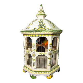 Vintage 18" Italian Majolica Pagoda Birdcage With Birds – Crackle Glaze Florals For Sale