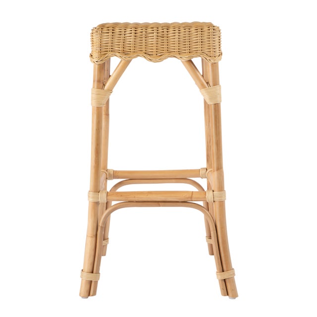 Spritely Home Accent Furniture Flora 30.25 in. Seat Height Square Rattan Scalloped Backless Bar Stool, Natural Rattan For Sale - Image 4 of 8