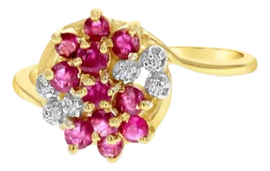 Diamond Ruby Cluster Ring 14k Yellow Gold, Size 5