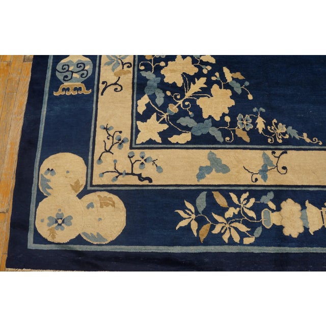 Textile Stupendous Navy Background Color With Vases of Flowers in a Floral Design Antique Chinese Perking Rug For Sale - Image 7 of 7