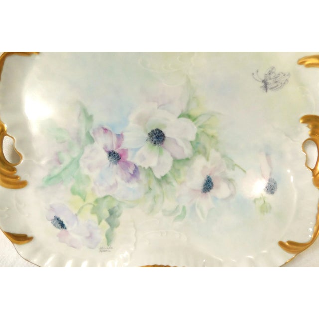 Early 20th Century Elegant Antique Porcelain Hand Painted Signed Floral 24k Gold Trim Perfume Tray W/ Handles For Sale - Image 5 of 11