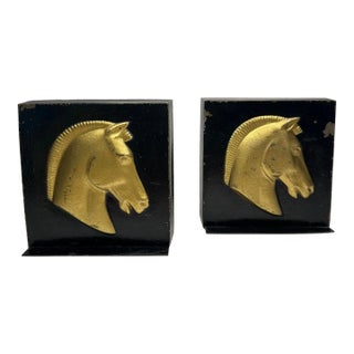 Vintage Classic Roman Black & Gold Square Horse Cast Metalware Bookends, a Pair For Sale
