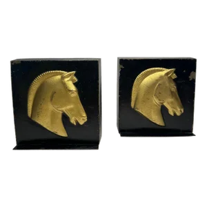 Vintage Classic Roman Black & Gold Square Horse Cast Metalware Bookends, a Pair