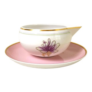 New Vista Alegre Illuminati Sauceboat With Matching Pink Under Plate Portugal Luxury Hand Painted Porcelain Watercolor Lotus Flower New With Tag For Sale
