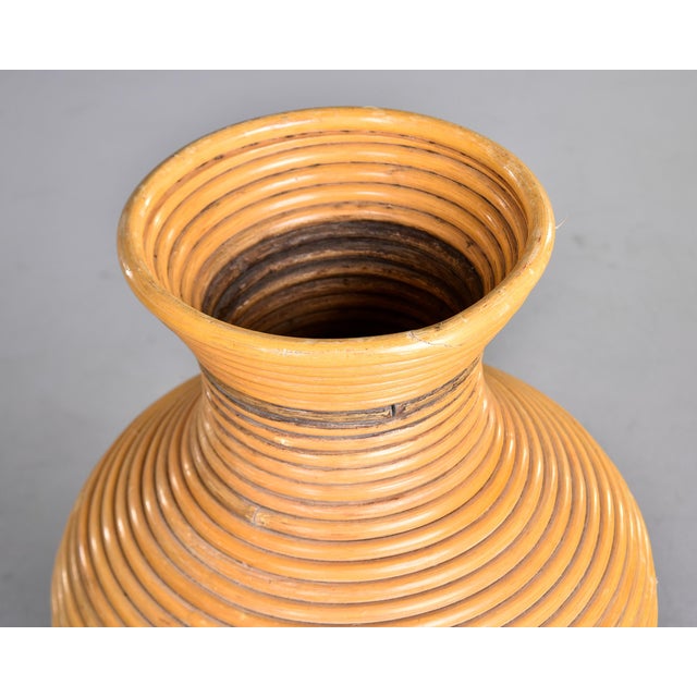 Apricot Vintage Mid Century Extra Large Rattan Floor Vase For Sale - Image 8 of 11