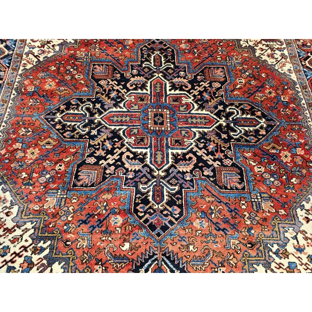 Vintage Persian Heriz Rug, Hand-Knotted Wool, Geometric Medallion Pattern, Brick-Red & Navy, 8x11 For Sale In Chicago - Image 6 of 12