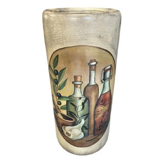 Vintage Large Mediterranean Style Ceramic Umbrella Stand With Olive and Wine Details For Sale