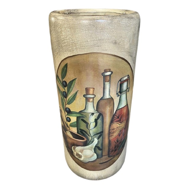 Vintage Large Mediterranean Style Ceramic Umbrella Stand With Olive and Wine Details For Sale