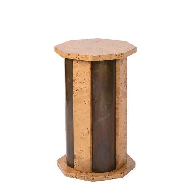 Octagonal Pedestal in Burl Wood and Brass by Tommaso Barbi, Italy, 1970s For Sale - Image 9 of 18