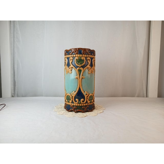 Antique Ornate Majolica Art Nouveau Umbrella/Cane Stand Holder. This particular vase exhibits characteristics common to...