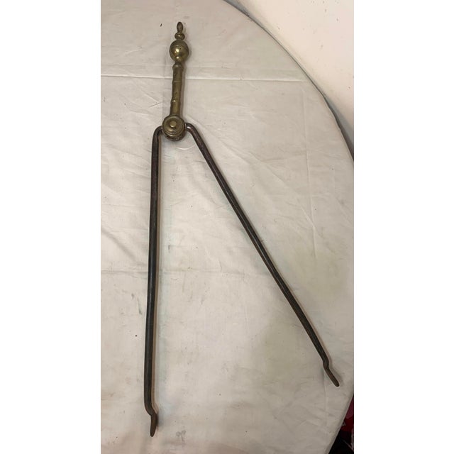 Brass Antique 18th Century Wrought Iron Turned Brass English Fireplace Tongs Tool 8 For Sale - Image 8 of 10