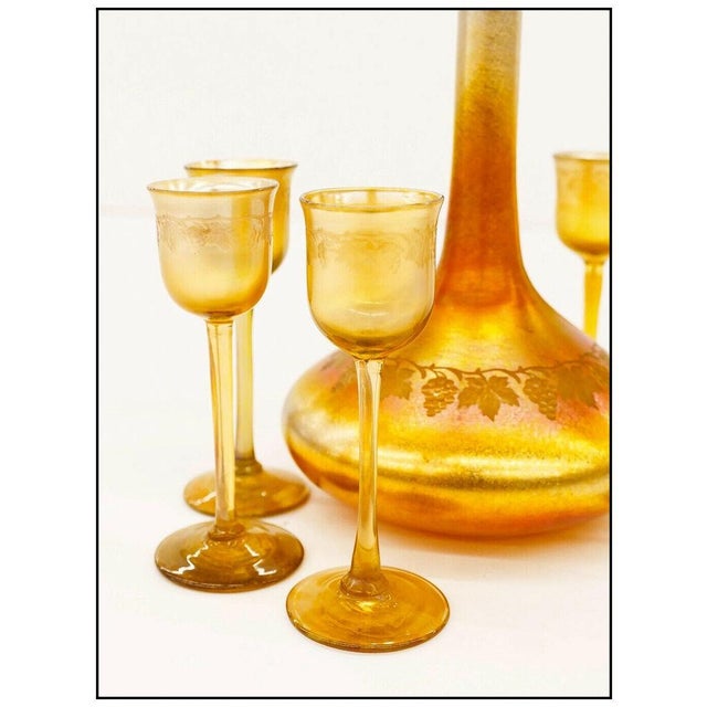 Louis Comfort Tiffany Early 20th Century Louis Comfort Tiffany Favrile Glass Decanter and Cordial set, Louis Comfort Tiffany - 7 pcs For Sale - Image 4 of 5
