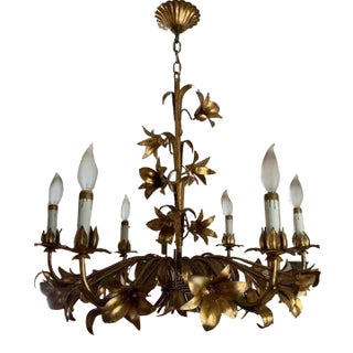 Mid 20th Century Gold Gilt Italian Tole Lily 6-Light Chandelier For Sale