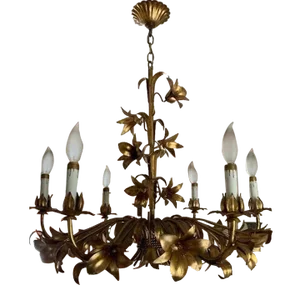 Mid 20th Century Gold Gilt Italian Tole Lily 6-Light Chandelier