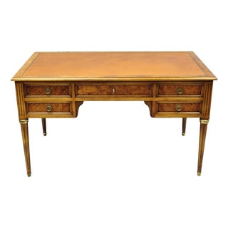 Vintage French Louis XVI Style Burl Walnut Tooled Leather Top Writing Desk For Sale