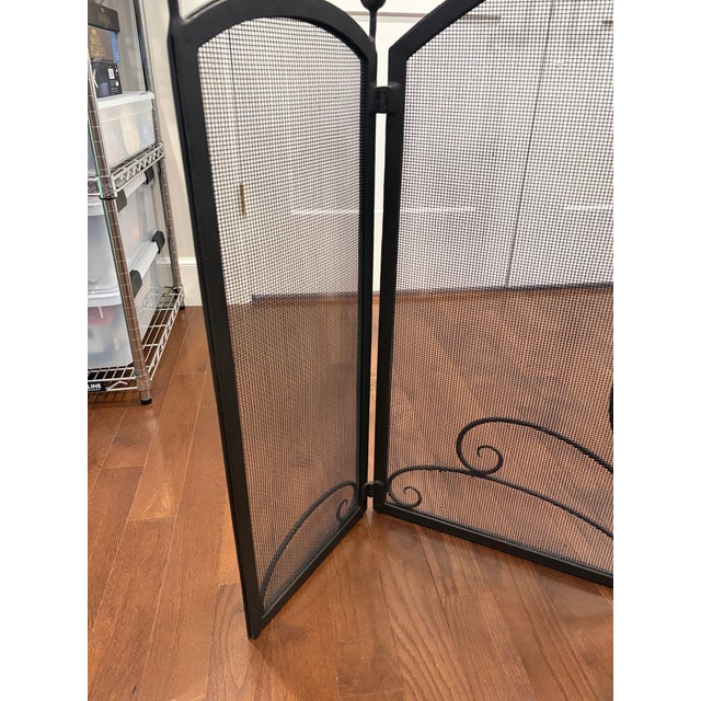 Black Vintage Hand-Forged Wrought Iron Fireplace Hearth Set: Contemporary 3-Piece Screen & Pair of Andirons For Sale - Image 8 of 12