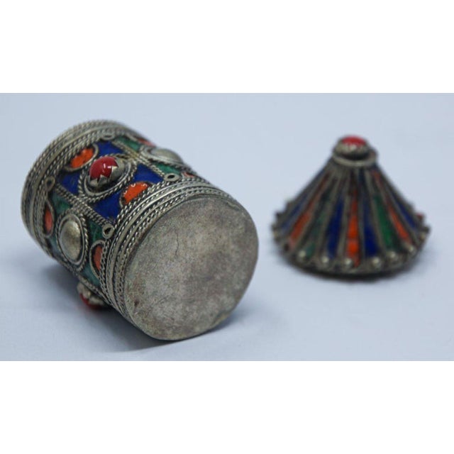 Antique Kabyle Berber Silver & Enamel Kohl Jewelry Box, Algeria, Circa 1920s For Sale - Image 4 of 17