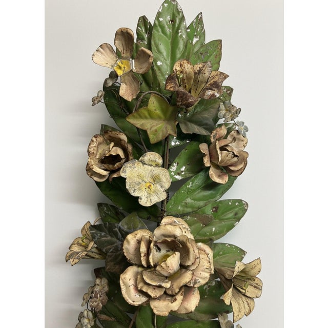 Metal Large Vintage Painted Tole Floral Wall Hanging With Urn, 28” For Sale - Image 7 of 10