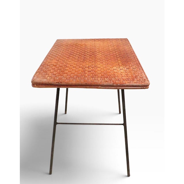 Wood Mid Century Wicker Top Wrought Iron Base Side Table For Sale - Image 7 of 10
