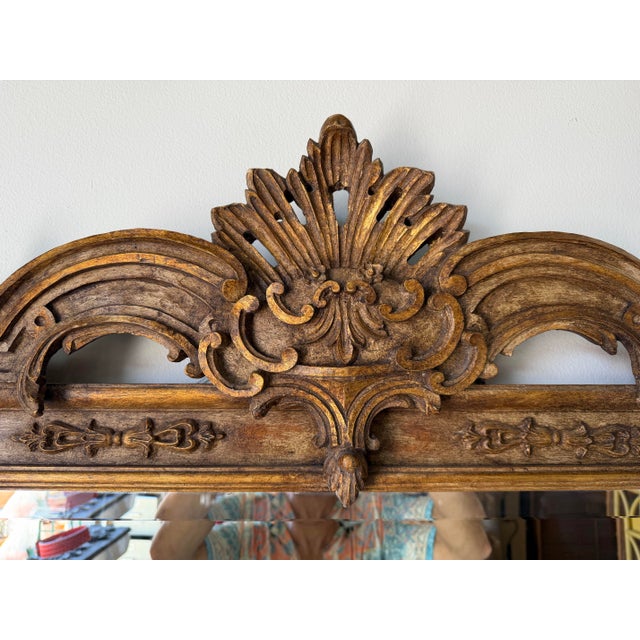 Hollywood Regency Vintage Italian LaBarge Carved Wood Wall Mirror With Beveled Glass For Sale - Image 3 of 12