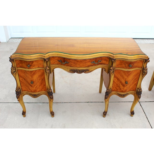 Wood Magnificent Vintage French Provincial Louis XV Rococo Satinwood & Burl Wood Vanity and Tall Boy Chest Set For Sale - Image 7 of 18