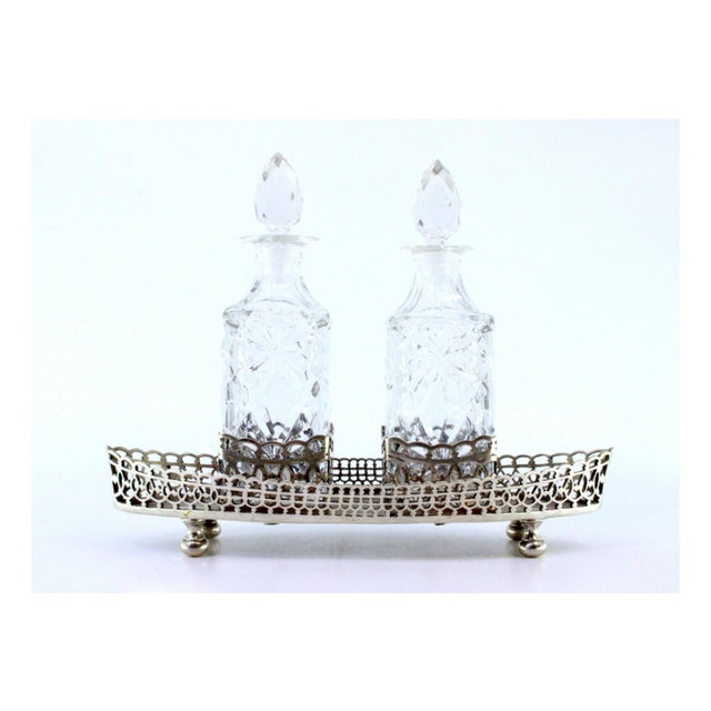 Perfume Bottles in Cut Glass with Silver Frame and Ship Grid, Set of 3, in Good conditions.