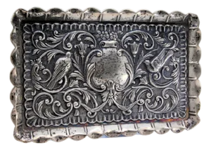 Flowers, Birds and Mask Embossed Silver Tray with Wavy Edge