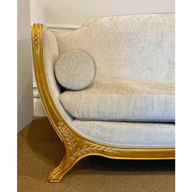 Original retail $10,800, timeless and elegant Jonathan Charles Transitional Custom Gold Leaf Sofa, white burnout chenille...
