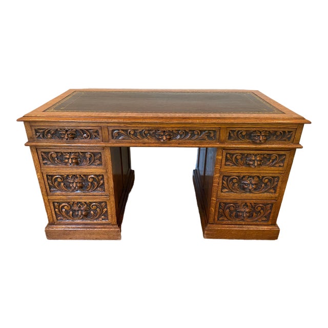 Victorian Intricately Carved Oak Kneehole Executive Desk For Sale