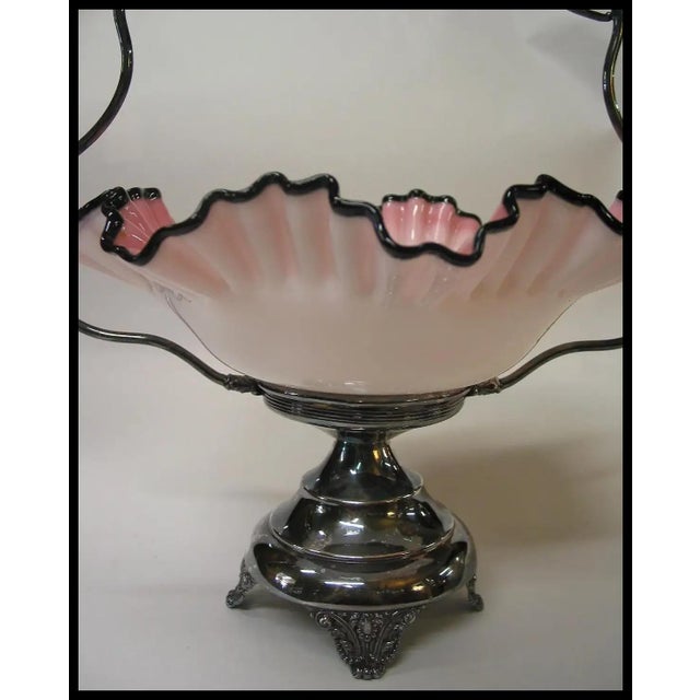 Metal 19th Century Bride's Basket Cased Pink Glass in Silverplate For Sale - Image 7 of 10