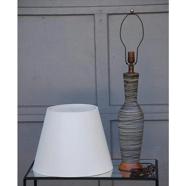 Ribbed salt glaze ceramic lamp by Lee Rosen for Design Technics. Also in the style of Alberto Giacometti for Jean-Michel...