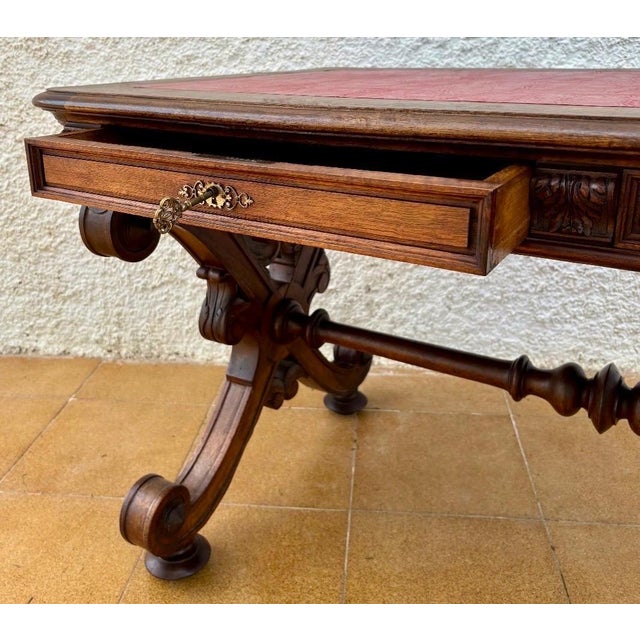 Baroque Spanish Baroque Revival Writing Table with Lyre Legs and Leather Top, 1920s For Sale - Image 3 of 10