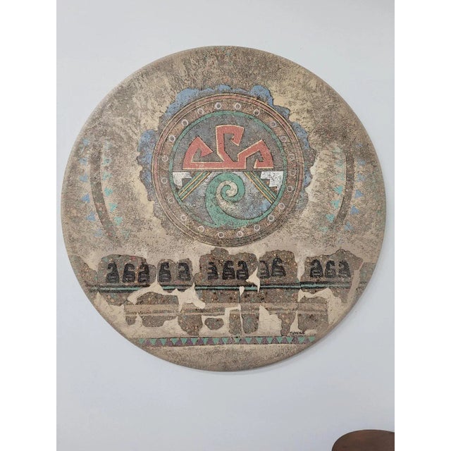 Vintage Signed Simone Vanguard Studios Hand-Painted Aztec Design Round Disk Wall Hanging For Sale - Image 9 of 9
