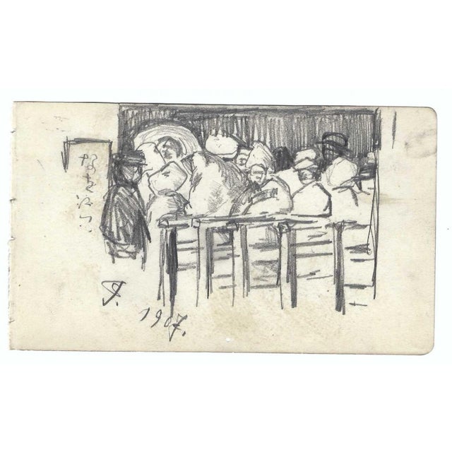 Drawing of a group of people, possibly at a meeting or a class, by a Japanese artist. Some pages are signed by the artist...