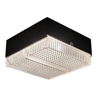 Mid 20th Century Modernist Original Flush-Mount Chandelier in Frosted Art Glass & Black Metal For Sale