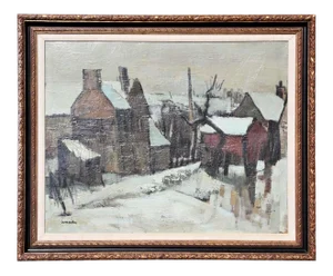 1965 “Paysage De Neige” Impressionistic Snowy Pastoral Countryside Landscape Painting by André Lemaitre