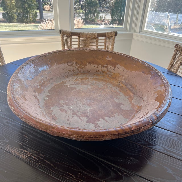 Vintage Oversized French Hand Thrown Mustard Brown Glazed Stoneware Terracotta Bowl For Sale - Image 4 of 8