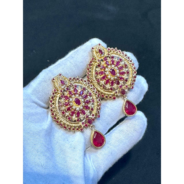2000 - 2009 22 Karat Gold Ruby & Natural Pearl Yellow Gold Circle Stud Earring, Hanging Ruby For Sale - Image 5 of 18