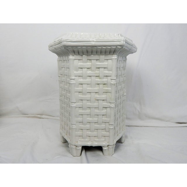 Lovely Chinoiserie-style lattice patterned ceramic side table crafted in Italy, circa 1960s. Base marked, "Made In Italy"....