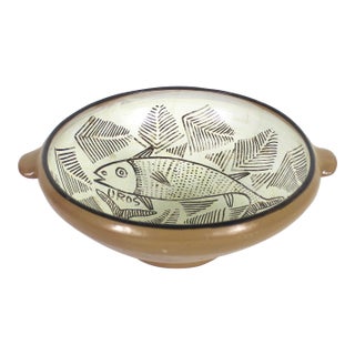 Early 20th Century Clay Pottery Fish Bowl With Handles Marked Uros For Sale
