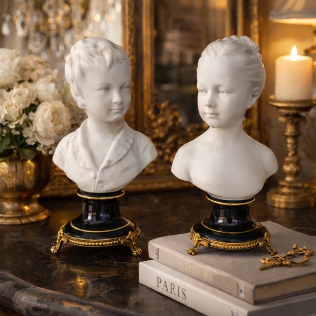 Rare early 20th-century bisque porcelain busts of Louise and Alexandre Brongniart, after Jean-Antoine Houdon, produced by...