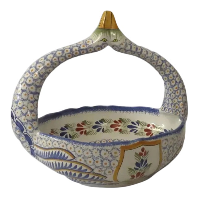 Vintage Large Quimper Swan Handle Basket For Sale